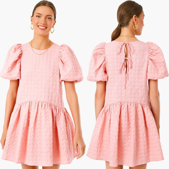 NEW English Factory Dress Pink Penelope Puff Sleeve‎ Drop Waist Mini Dress Sz XS - Picture 1 of 9